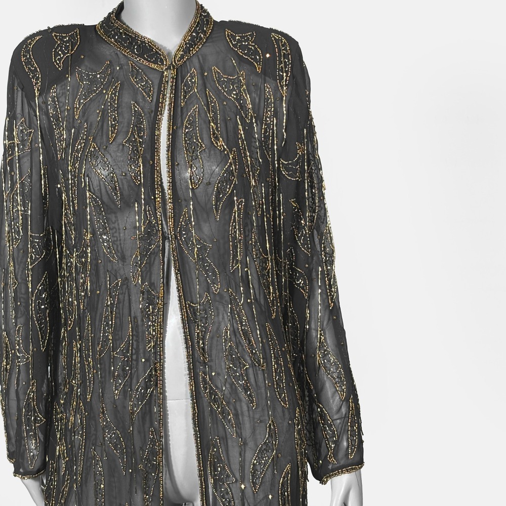 Sciccoso NEW Silk Black Gold Beaded Sequin Sheer Duster Jacket Womens M Modest